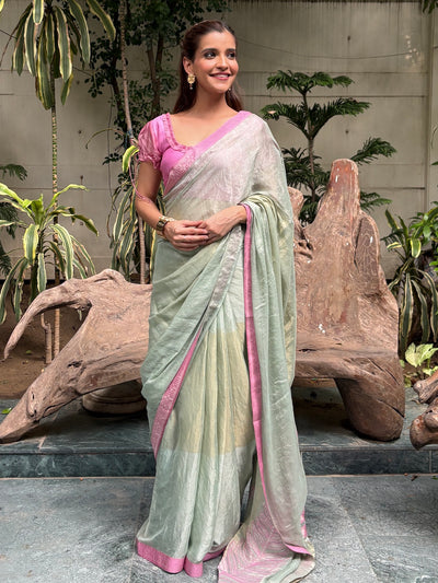 Tree of Life Sea Green chiffon tissue Saree