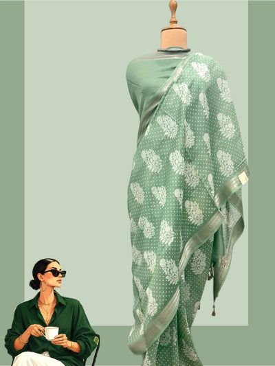Varkala Sea Green Printed Cotton Saree