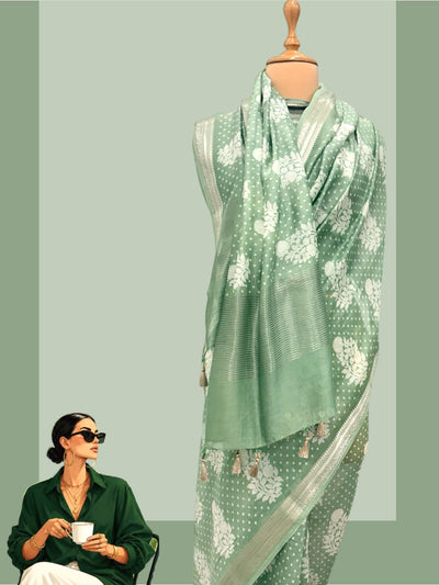 Varkala Sea Green Printed Cotton Saree