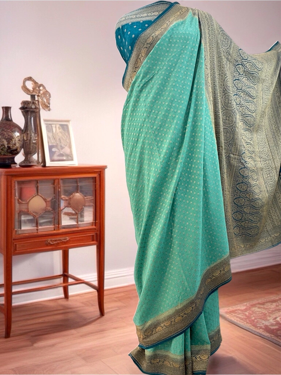 Kakatiya Sea Green Chinon Crepe Saree