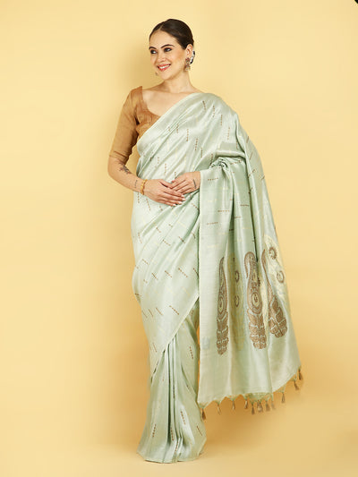 Vanmalini Sea Green Chinya Silk Sari