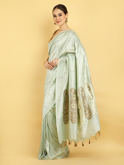Vanmalini Sea Green Chinya Silk Sari