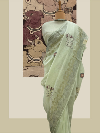 Sea Green Embroidered Linen Saree