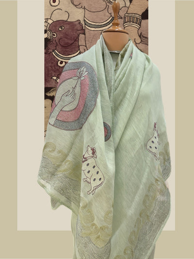 Sea Green Embroidered Linen Saree