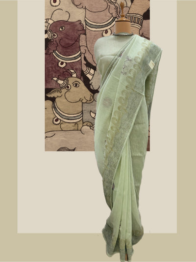 Sea Green Embroidered Linen Saree