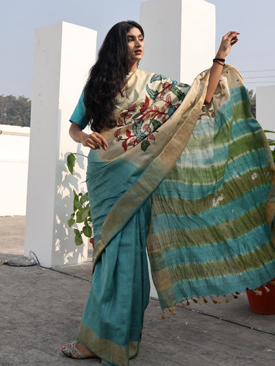 Pedana Sea Green Kalamkari Tussar Saree