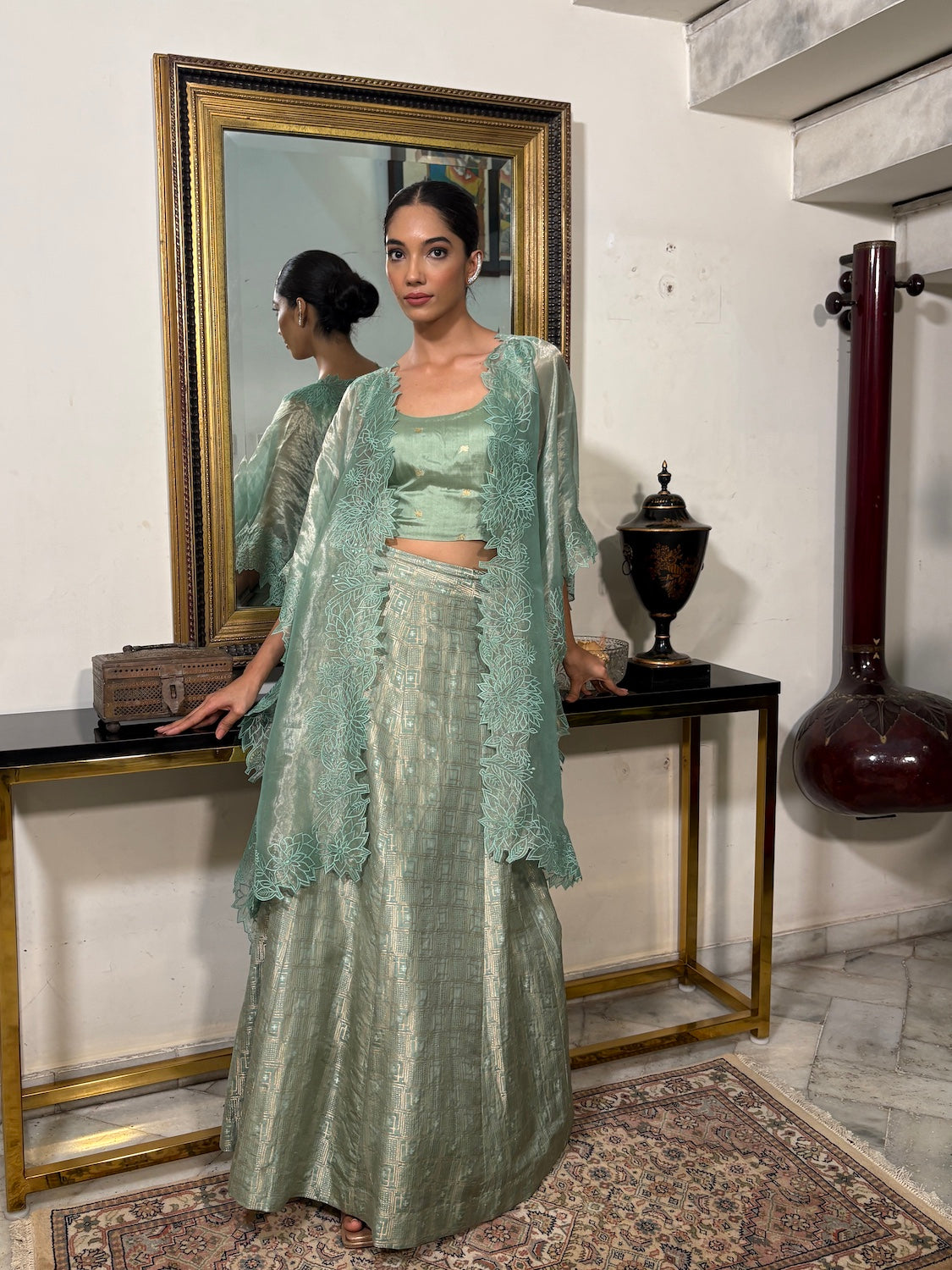 Sea Green Cutwork Lehenga Cape Set