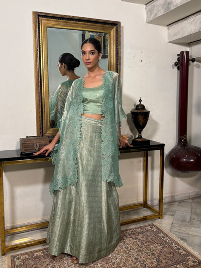 Sea Green Cutwork Lehenga Cape Set
