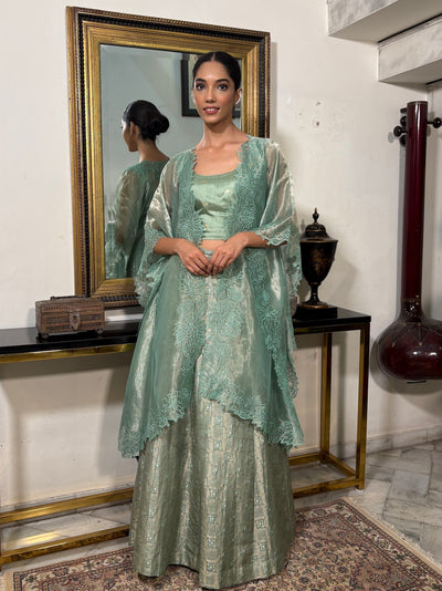 Sea Green Cutwork Lehenga Cape Set