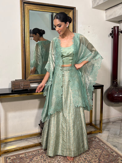 Sea Green Cutwork Lehenga Cape Set