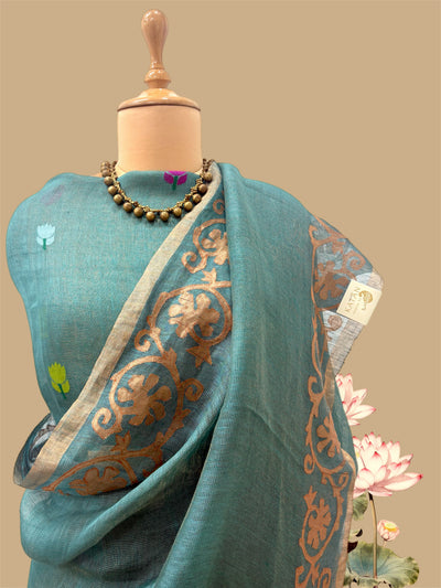 Sea Green Applique Linen Saree