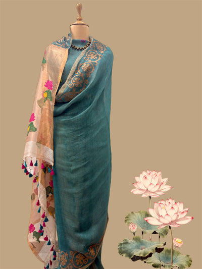 Sea Green Applique Linen Saree