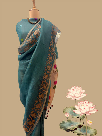 Sea Green Applique Linen Saree