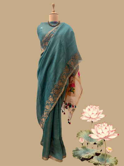 Sea Green Applique Linen Saree