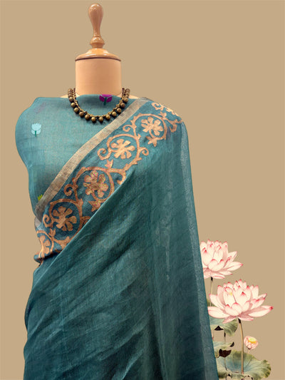 Sea Green Applique Linen Saree