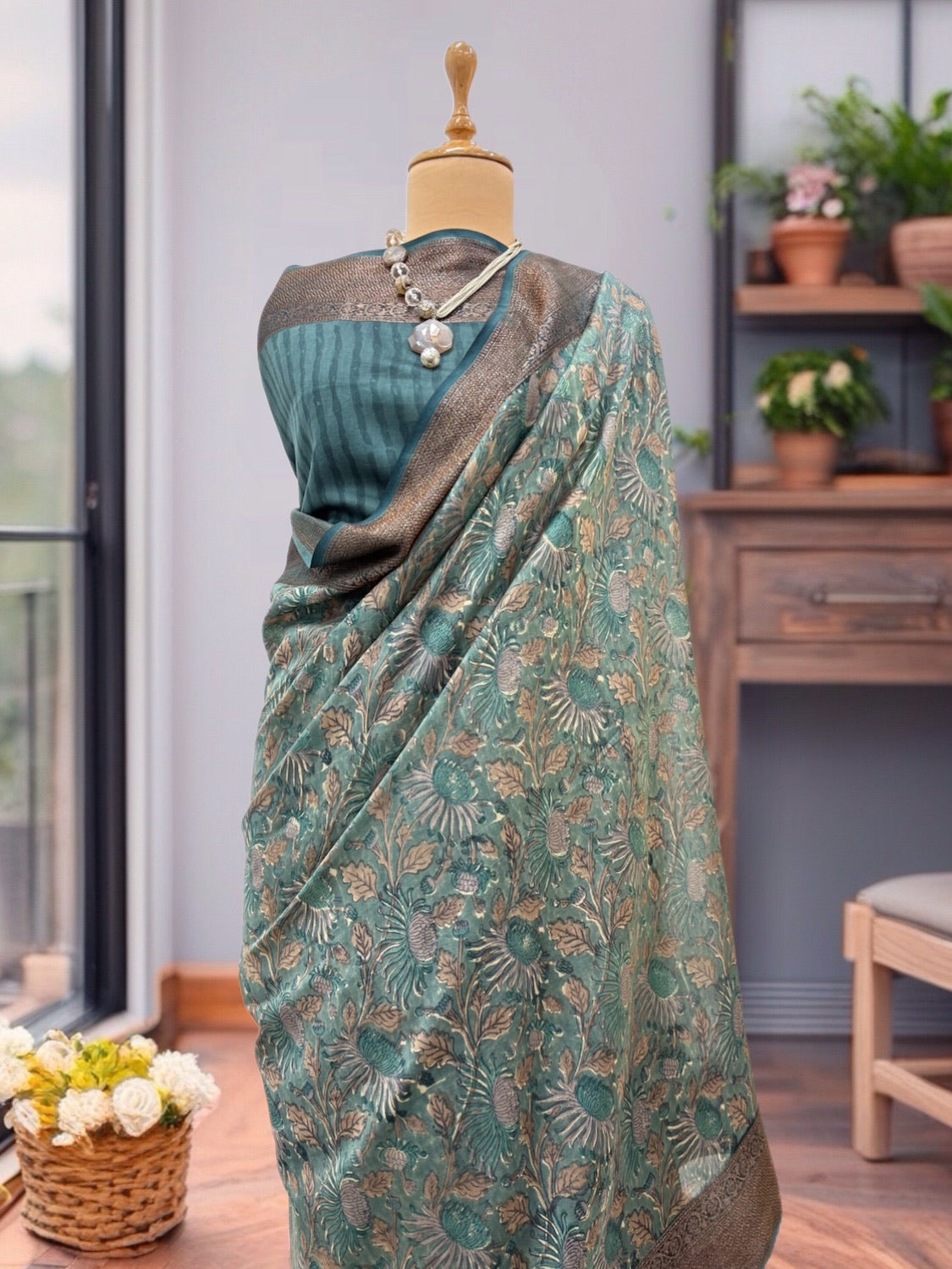 Deccan Sea Green Printed Cotton Saree
