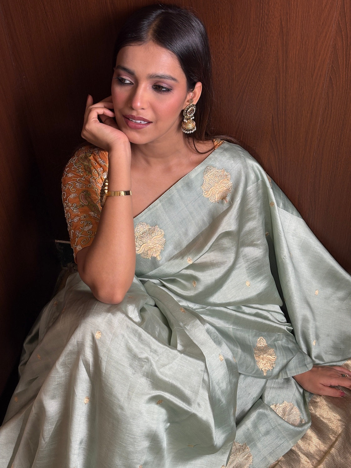 Vanmalini Sea Green Chinya Silk Sari