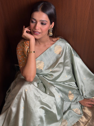 Vanmalini Sea Green Chinya Silk Sari