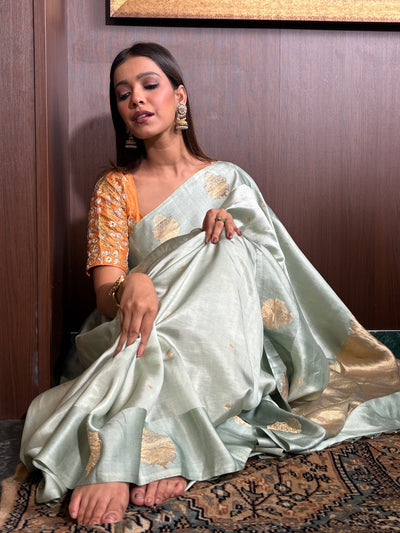Vanmalini Sea Green Chinya Silk Sari
