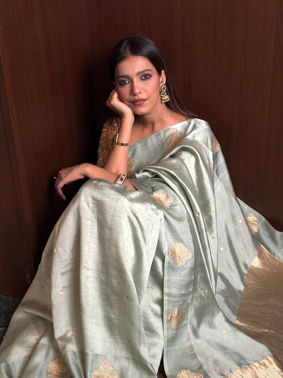 Vanmalini Sea Green Chinya Silk Sari