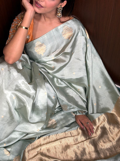 Vanmalini Sea Green Chinya Silk Sari