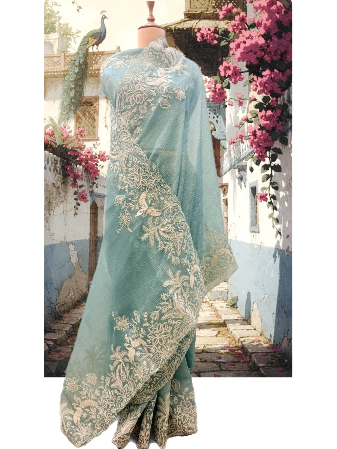 Zenobia Sea Green Crinkled Tissue Sari