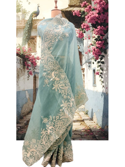 Zenobia Sea Green Crinkled Tissue Sari