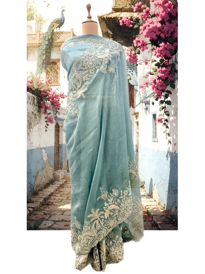 Zenobia Sea Green Crinkled Tissue Sari