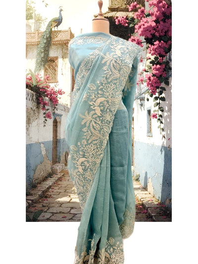 Zenobia Sea Green Crinkled Tissue Sari