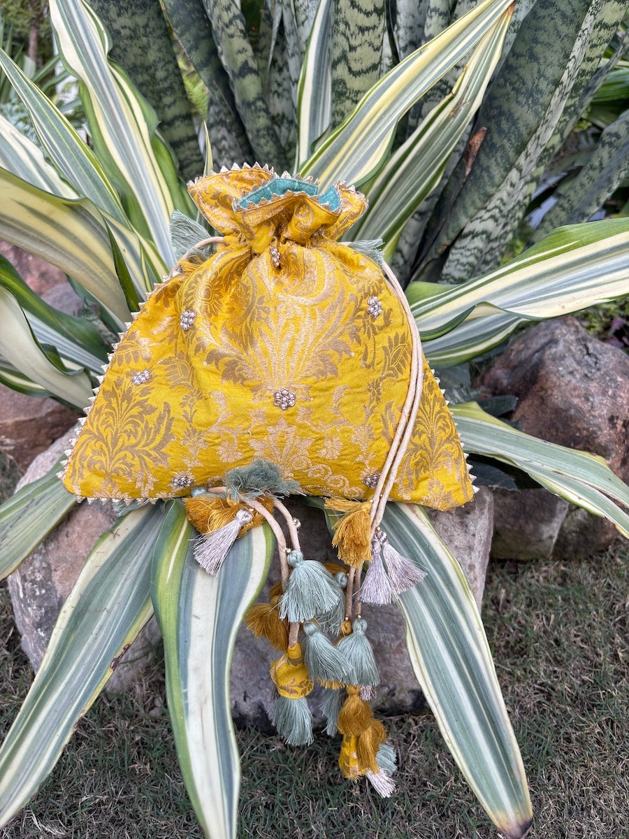 Shubhangi Sea Green & Yellow Brocade Potli