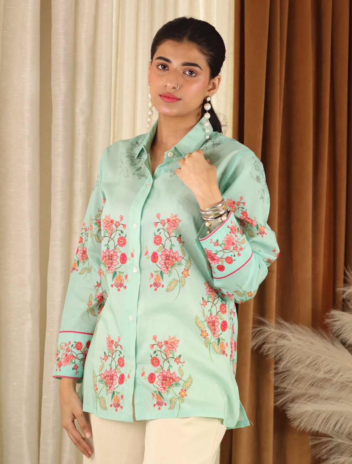 Aqua Blue Floral Cotton Shirt