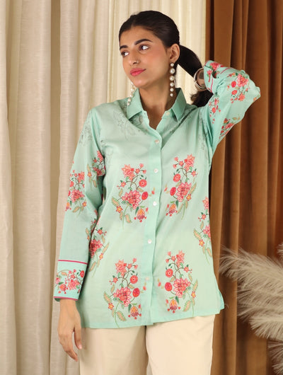 Aqua Blue Floral Cotton Shirt