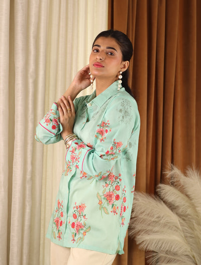 Aqua Blue Floral Cotton Shirt