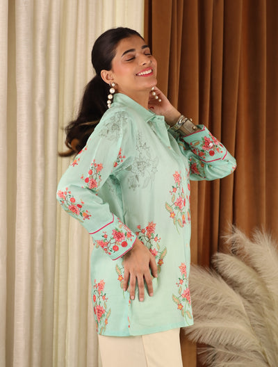 Aqua Blue Floral Cotton Shirt