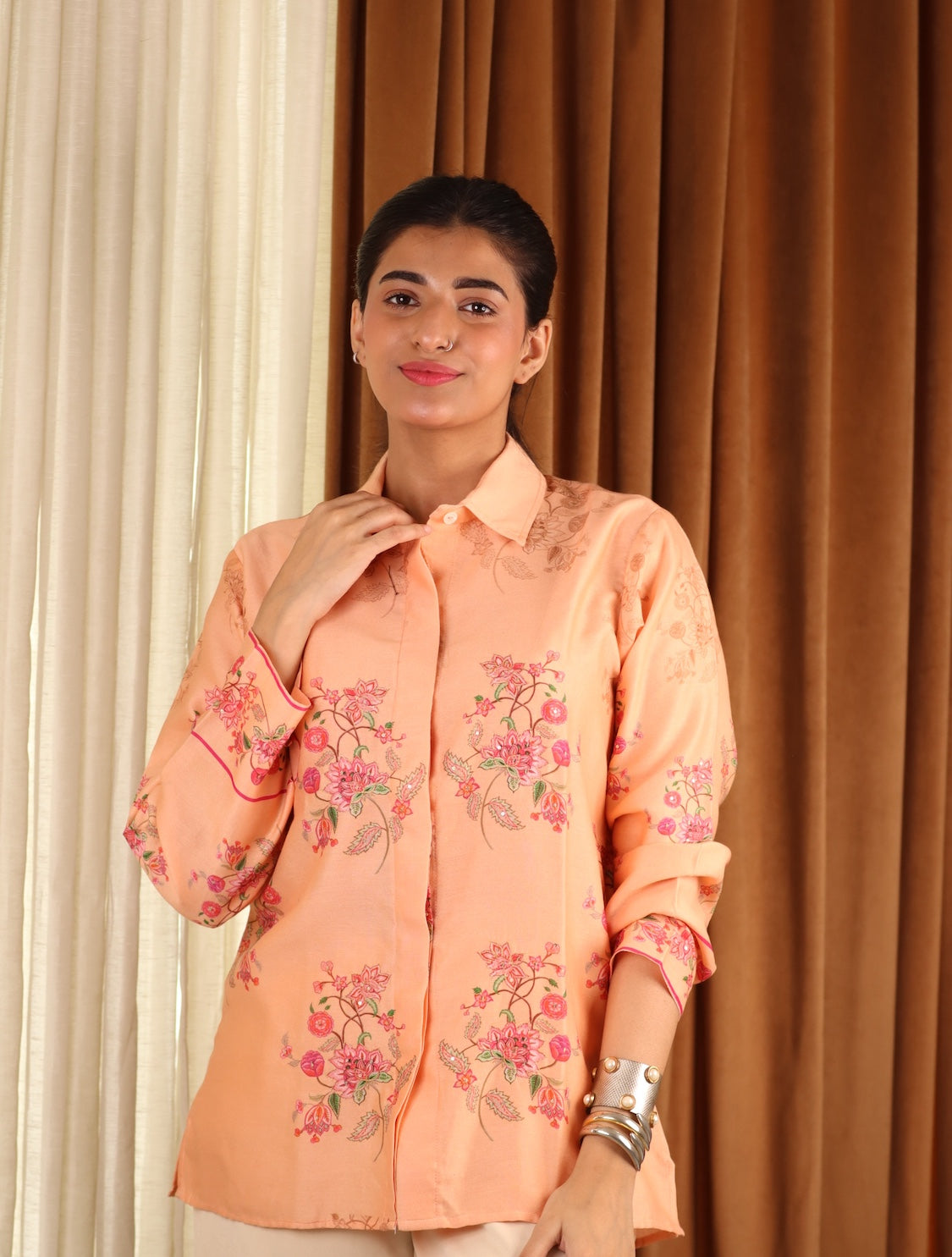 Peach Floral Cotton Shirt