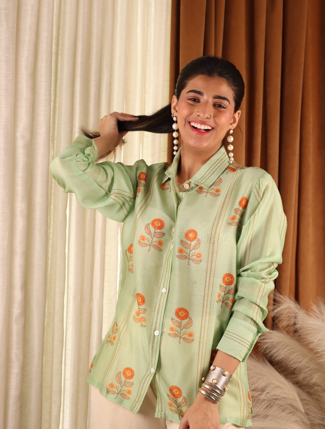 Sea Green Floral Cotton Shirt
