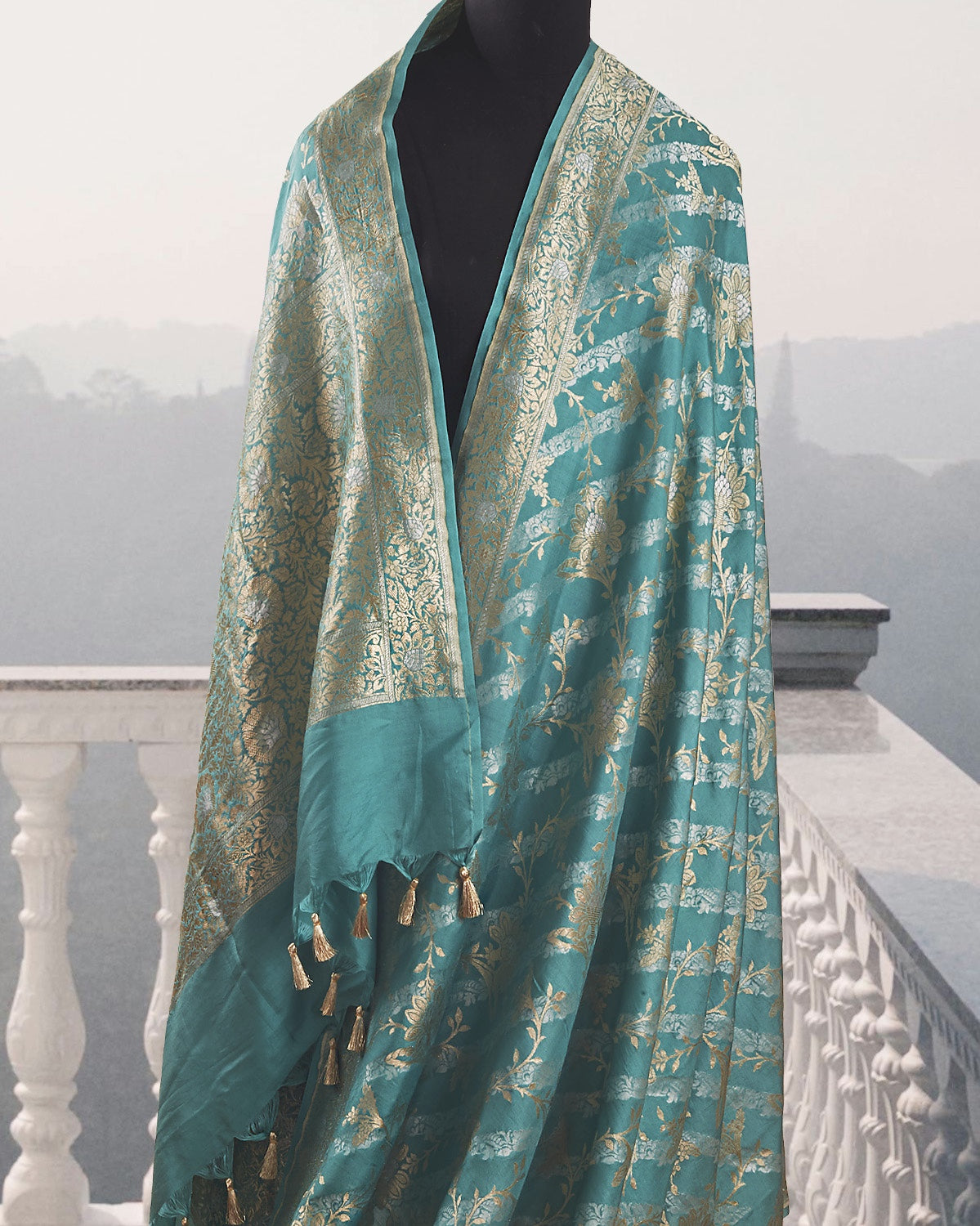 Rose Trellis Sea Green Katan Silk Saree