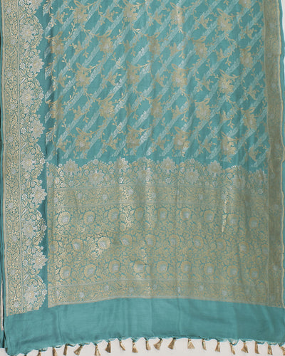 Rose Trellis Sea Green Katan Silk Saree