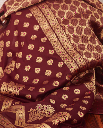 Coorg Coffee Maroon Ashavali Brocade Silk Saree