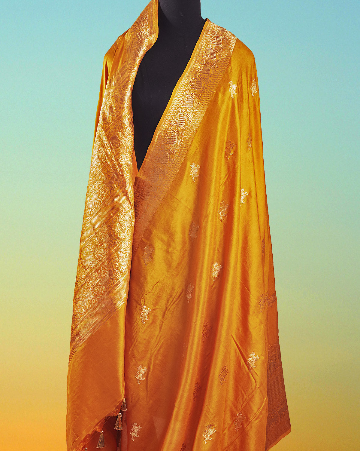 Gir Forest Yellow Soft Silk Yali motif Saree