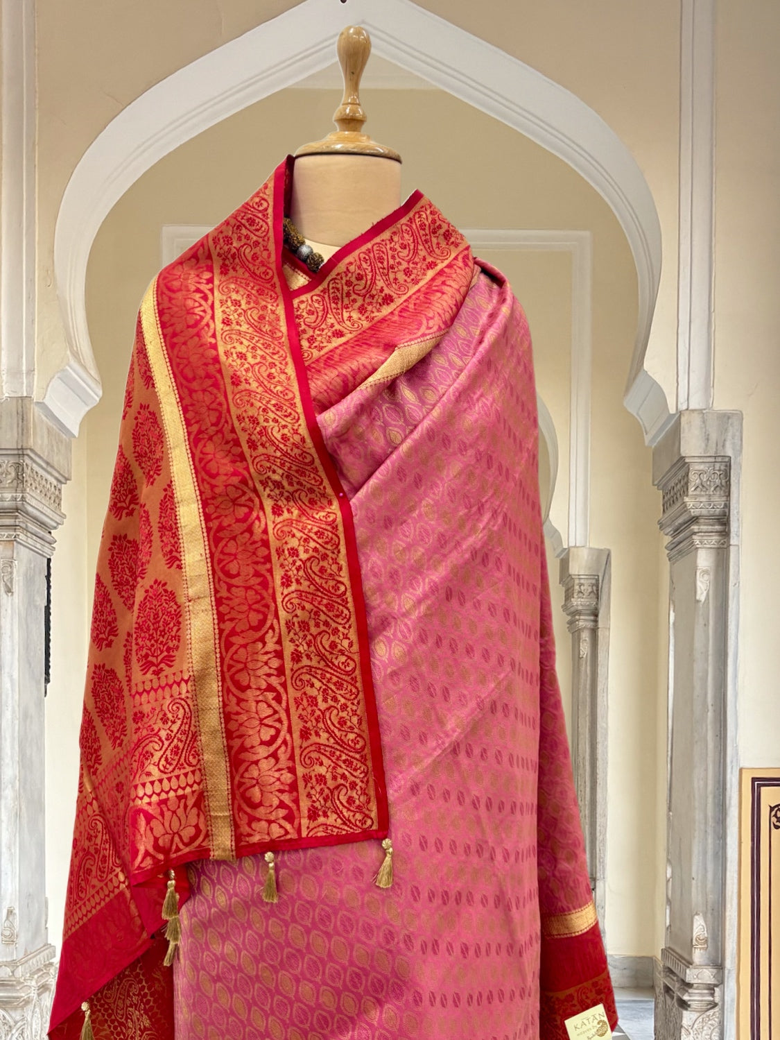 Gaurangi Peach & Red Silk Saree