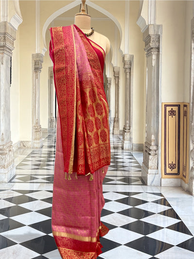 Gaurangi Peach & Red Silk Saree