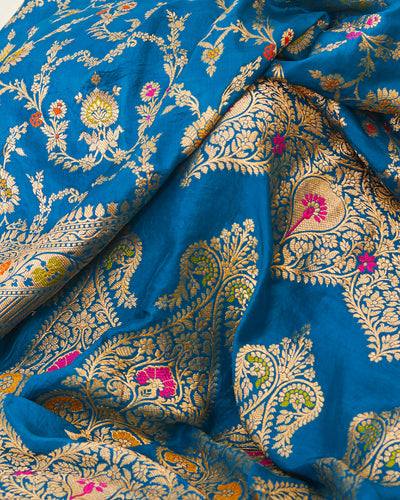 Nishat Bagh Peacock Blue Katan Silk Sari