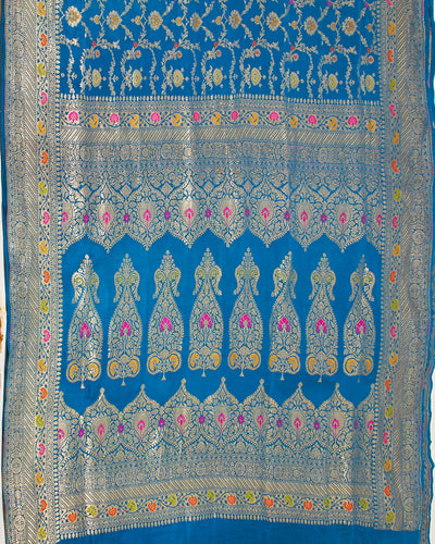 Nishat Bagh Peacock Blue Katan Silk Sari