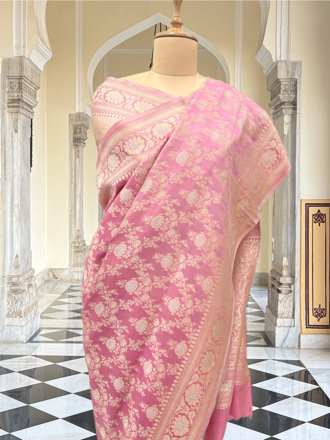 Devyani Pink Banarasi Katan Silk Jangla Saree