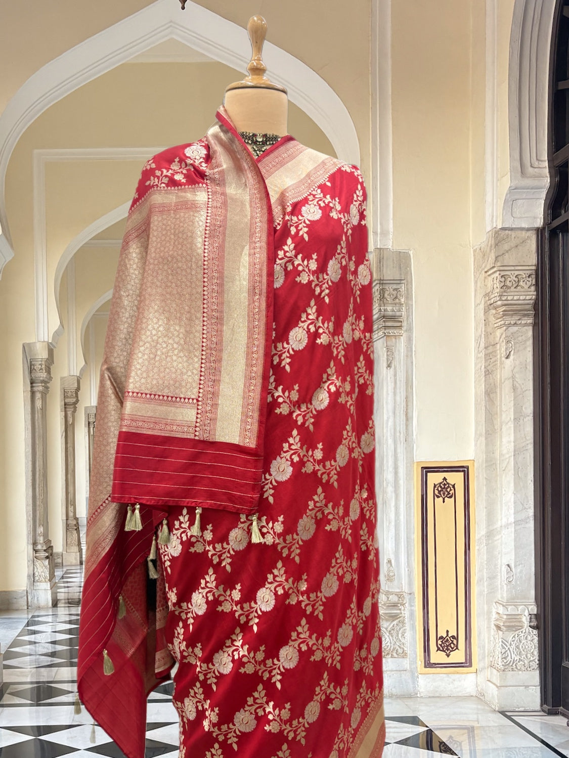 Leela Red Jangla Katan Silk Saree
