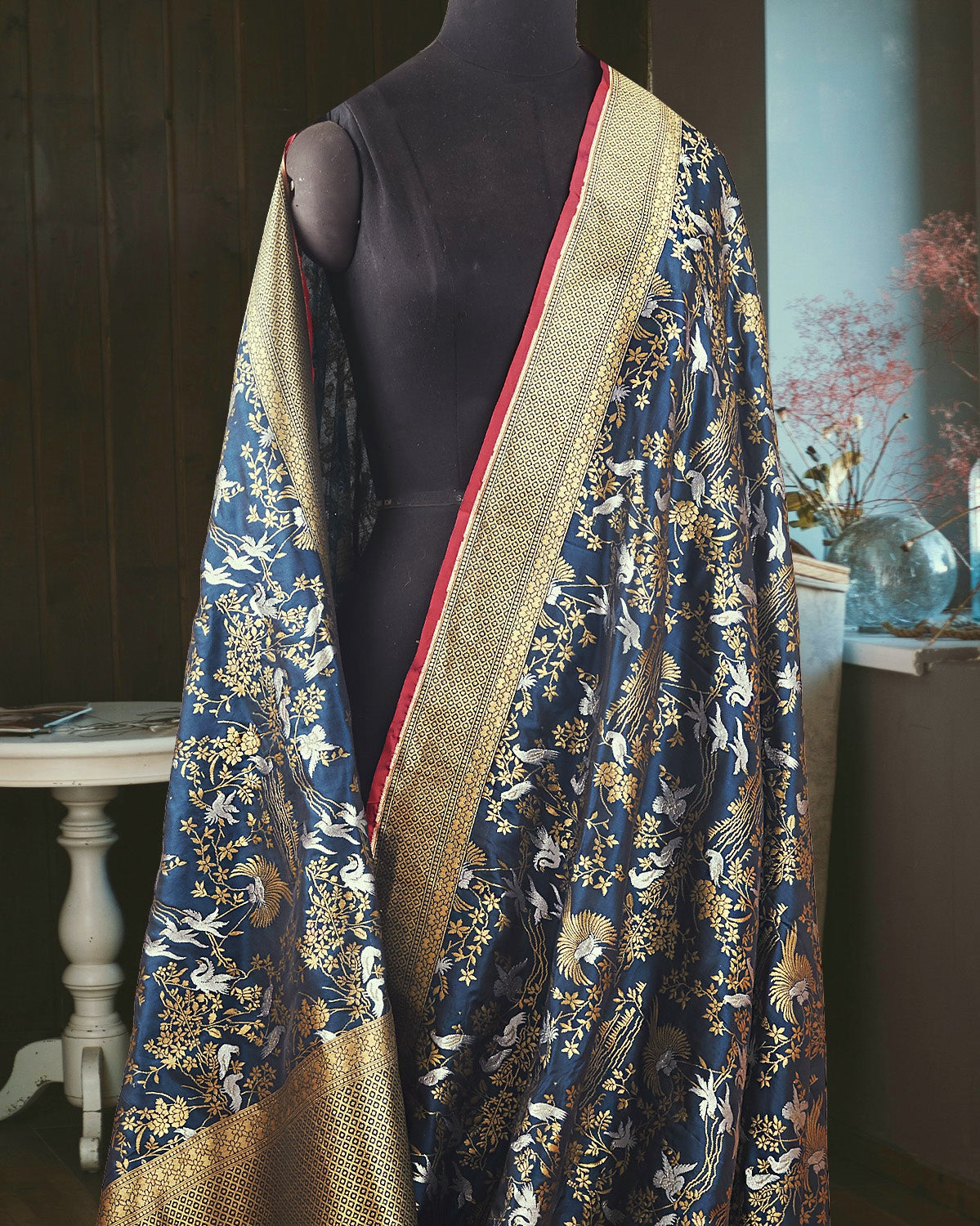 Soaring Swans Teal Blue Katan Silk Saree