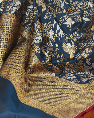 Soaring Swans Teal Blue Katan Silk Saree