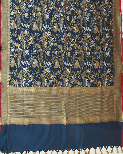 Soaring Swans Teal Blue Katan Silk Saree