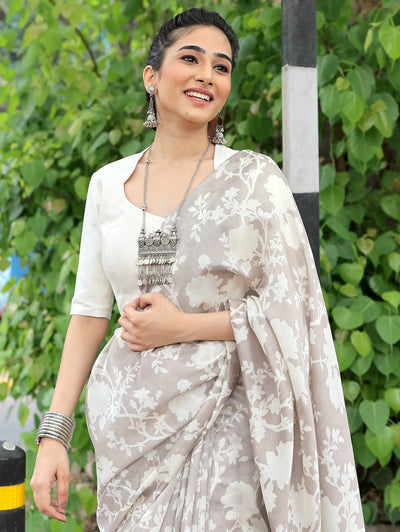 Luna Grey Printed Cotton Saree